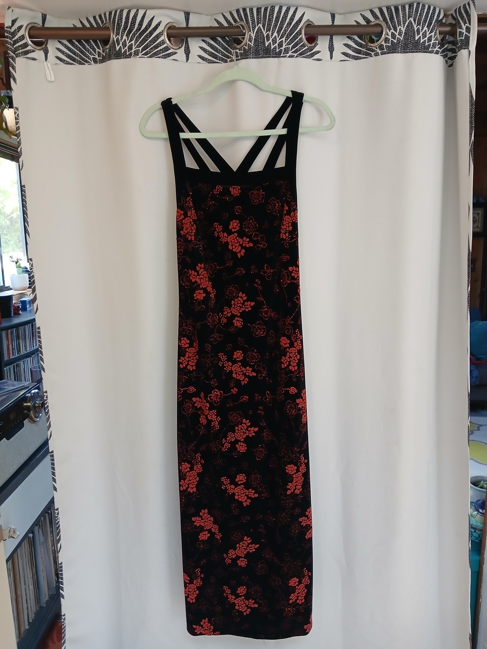 CDC Black Velvet Maxi Dress with Red Floral Pattern